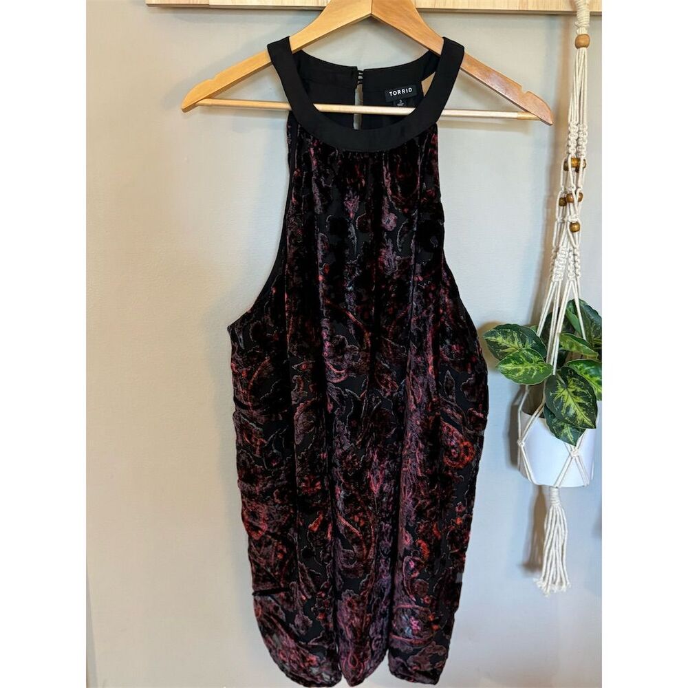 Torrid Women's Size 3 Red Black Paisley Burnout Velvet Halter Tunic Tank Top